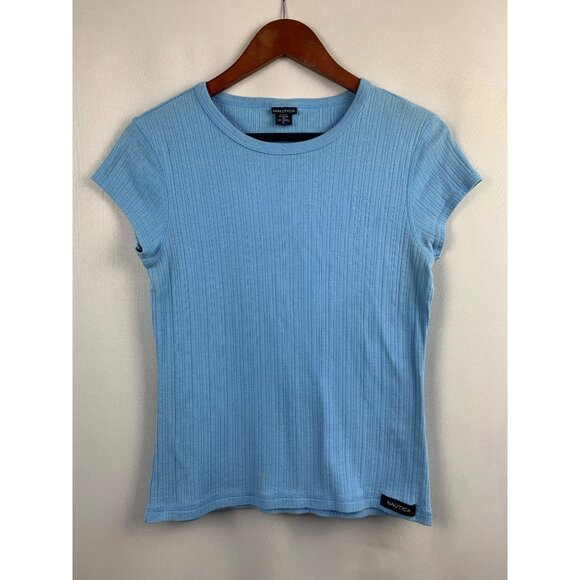 Nautica Womens Light Blue Ribbed Short Sleeve Tee - Size L - Picture 1 of 5